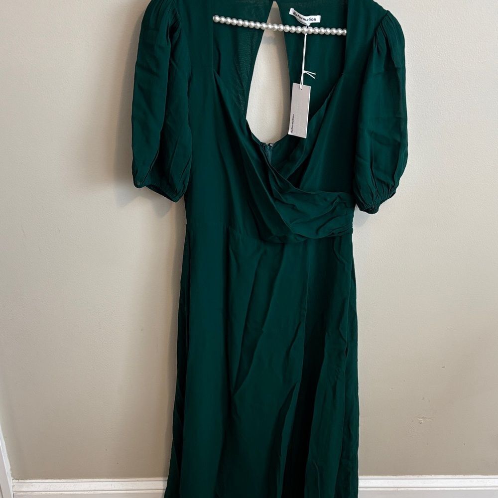 NEW Reformation Emerald Green Midi Dress Short Sleeve Mock Wrap Cutout 52”